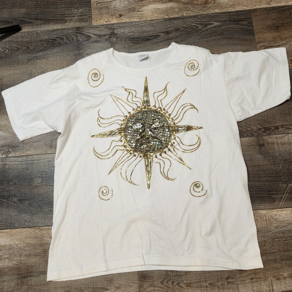 Vintage White T-Shirt XL Sun Graphic Bead Sequin Celestial, Whimsigoth, Retro  W